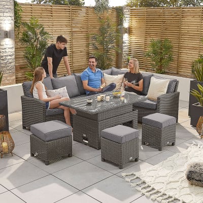 Ciara L-Shaped Corner Rattan Lounge Dining Set with 3 Stools - Right Handed Rising with Parasol Hole Table in Slate Grey