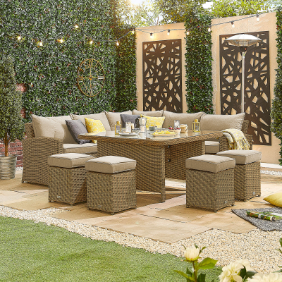 Ciara Deluxe Corner Rattan Lounge Dining Set with 4 Stools - Square Parasol Hole Table in Willow