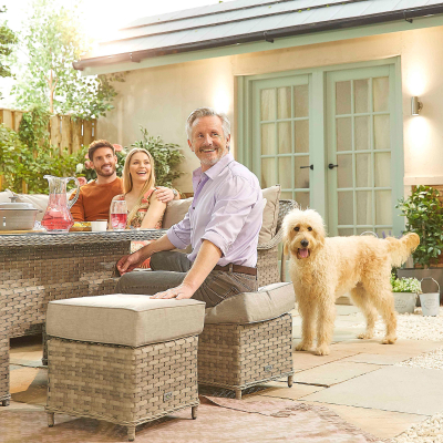 Oyster L-Shaped Corner Rattan Lounge Dining Set with 3 Stools - Rising with Parasol Hole Table in Oyster