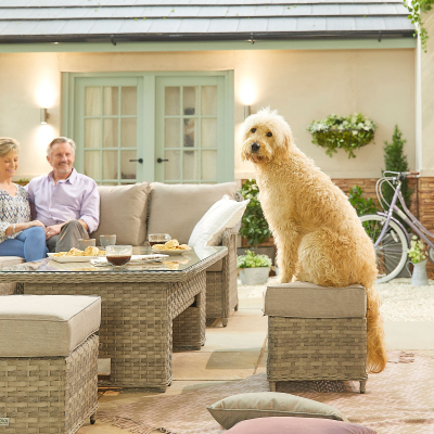 Oyster L-Shaped Corner Rattan Lounge Dining Set with 3 Stools - Rising with Parasol Hole Table in Oyster