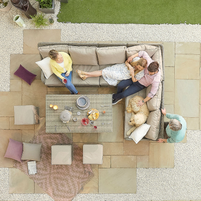 Oyster L-Shaped Corner Rattan Lounge Dining Set with 3 Stools - Rising with Parasol Hole Table in Oyster