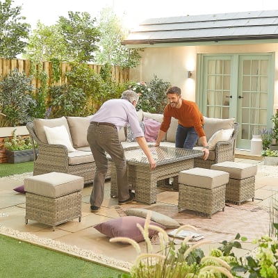 Oyster L-Shaped Corner Rattan Lounge Dining Set with 3 Stools - Rising with Parasol Hole Table in Oyster