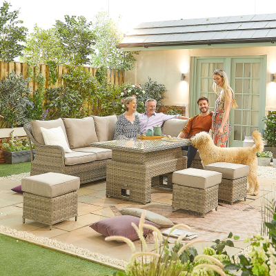 Oyster L-Shaped Corner Rattan Lounge Dining Set with 3 Stools - Rising with Parasol Hole Table in Oyster