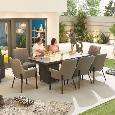 Genoa 8 Seat All Weather Fabric Aluminium Dining Set - Rectangular Gas Fire Pit Table in Ash Grey