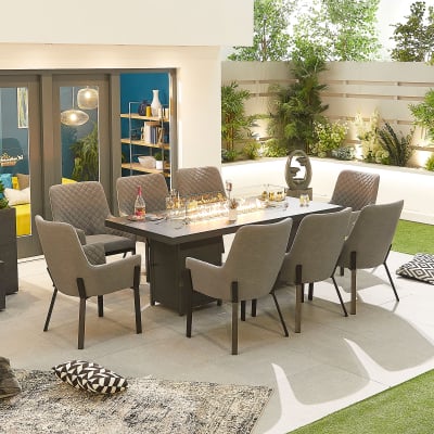 Genoa 8 Seat All Weather Fabric Aluminium Dining Set - Rectangular Gas Fire Pit Table in Ash Grey