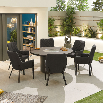 Genoa 6 Seat All Weather Fabric Aluminium Dining Set - Round Gas Fire Pit Table in Charcoal Grey