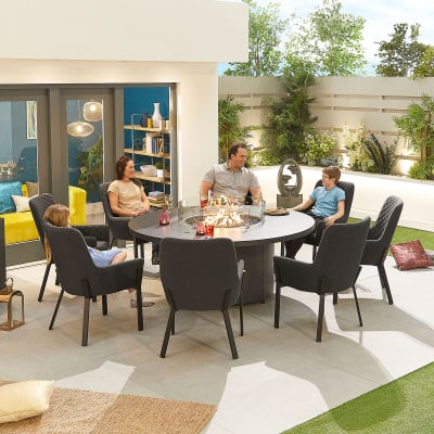 Genoa 8 Seat All Weather Fabric Aluminium Dining Set - Round Gas Fire Pit Table in Charcoal Grey