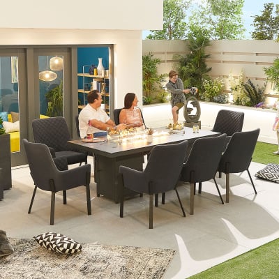 Genoa 8 Seat All Weather Fabric Aluminium Dining Set - Rectangular Gas Fire Pit Table in Charcoal Grey