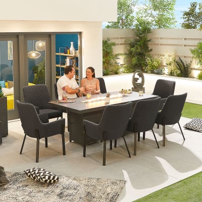 Genoa 8 Seat All Weather Fabric Aluminium Dining Set - Rectangular Gas Fire Pit Table in Charcoal Grey