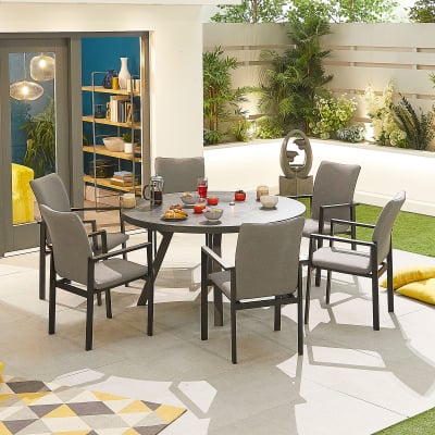 Hugo 6 Seat All Weather Fabric Aluminium Dining Set - Round Table in Ash Grey