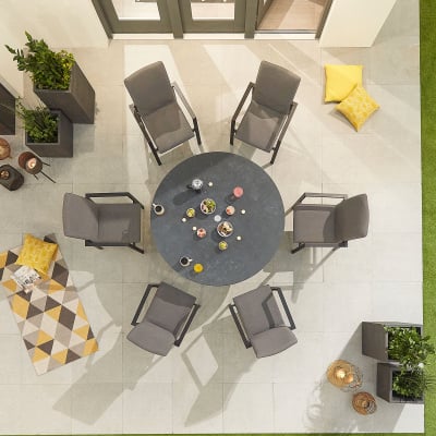 Hugo 6 Seat All Weather Fabric Aluminium Dining Set - Round Table in Ash Grey