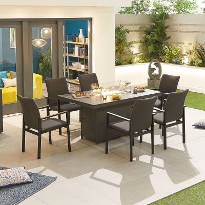 Hugo 6 Seat All Weather Fabric Aluminium Dining Set - Rectangular Gas Fire Pit Table in Charcoal Grey