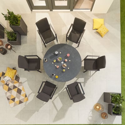 Hugo 6 Seat All Weather Fabric Aluminium Dining Set - Round Table in Charcoal Grey