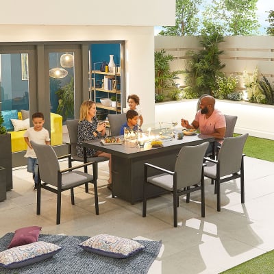 Hugo 6 Seat All Weather Fabric Aluminium Dining Set - Rectangular Gas Fire Pit Table in Ash Grey