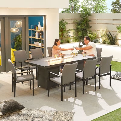 Hugo 8 Seat All Weather Fabric Aluminium Dining Set - Rectangular Gas Fire Pit Table in Ash Grey