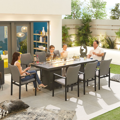 Hugo 8 Seat All Weather Fabric Aluminium Dining Set - Rectangular Gas Fire Pit Table in Ash Grey