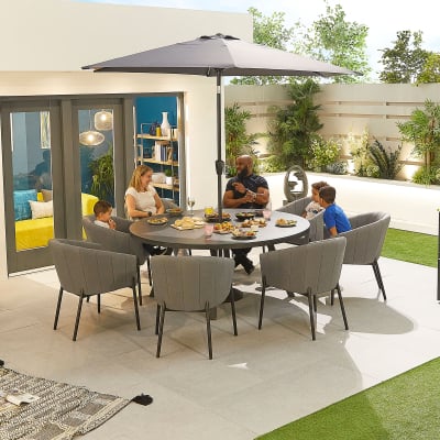 Edge 8 Seat All Weather Fabric Aluminium Dining Set - Round Table in Ash Grey