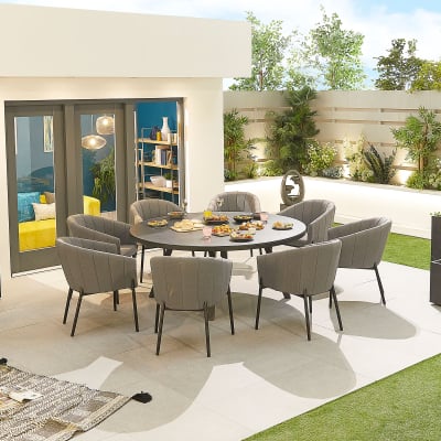 Edge 8 Seat All Weather Fabric Aluminium Dining Set - Round Table in Ash Grey