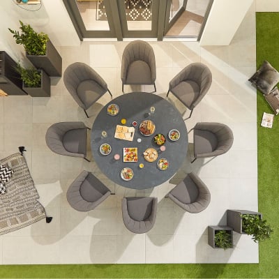 Edge 8 Seat All Weather Fabric Aluminium Dining Set - Round Table in Ash Grey