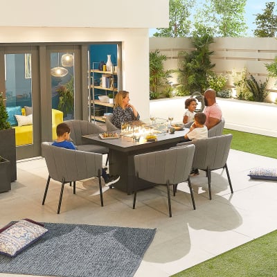 Edge 6 Seat All Weather Fabric Aluminium Dining Set - Rectangular Gas Fire Pit Table in Ash Grey