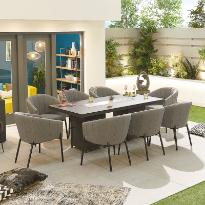 Edge 8 Seat All Weather Fabric Aluminium Dining Set - Rectangular Gas Fire Pit Table in Ash Grey