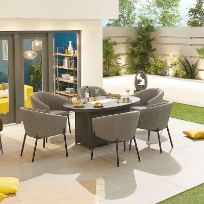 Edge 6 Seat All Weather Fabric Aluminium Dining Set - Oval Gas Fire Pit Table in Ash Grey