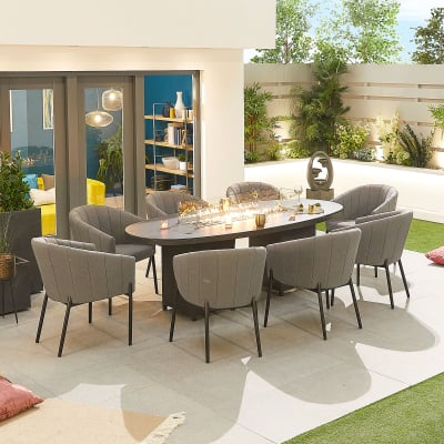 Edge 8 Seat All Weather Fabric Aluminium Dining Set - Oval Gas Fire Pit Table in Ash Grey