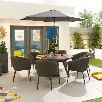 Edge 6 Seat All Weather Fabric Aluminium Dining Set - Round Table in Charcoal Grey