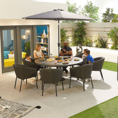 Edge 8 Seat All Weather Fabric Aluminium Dining Set - Round Table in Charcoal Grey