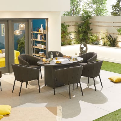 Edge 6 Seat All Weather Fabric Aluminium Dining Set - Oval Gas Fire Pit Table in Charcoal Grey