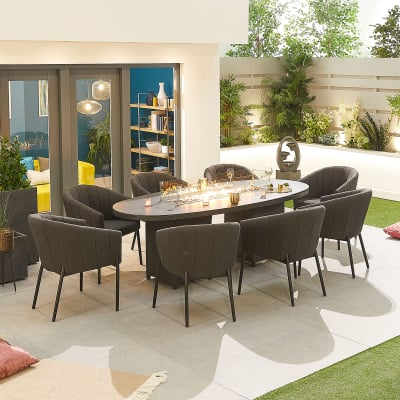 Edge 8 Seat All Weather Fabric Aluminium Dining Set - Oval Gas Fire Pit Table in Charcoal Grey