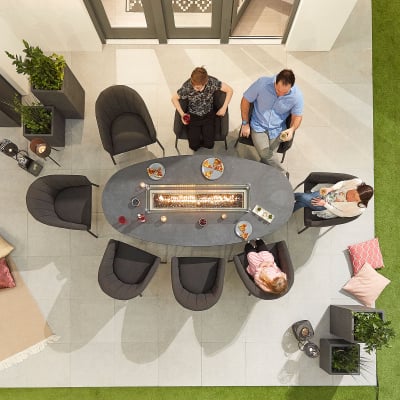 Edge 8 Seat All Weather Fabric Aluminium Dining Set - Oval Gas Fire Pit Table in Charcoal Grey