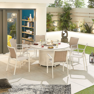 Milano 6 Seat Aluminium Dining Set - Round Gas Fire Pit Table in Chalk White