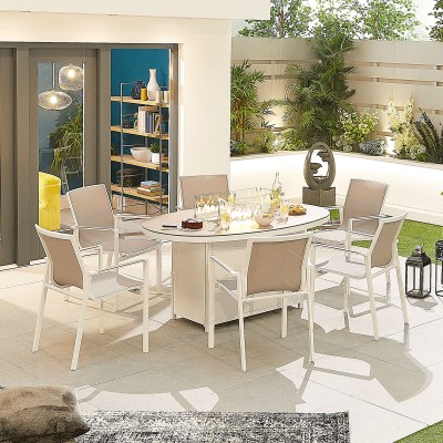 Milano 6 Seat Aluminium Dining Set - Oval Gas Fire Pit Table in Chalk White