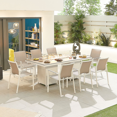 Milano 8 Seat Aluminium Dining Set - Rectangular Gas Fire Pit Table in Chalk White