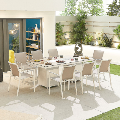 Milano 8 Seat Aluminium Dining Set - Rectangular Gas Fire Pit Table in Chalk White