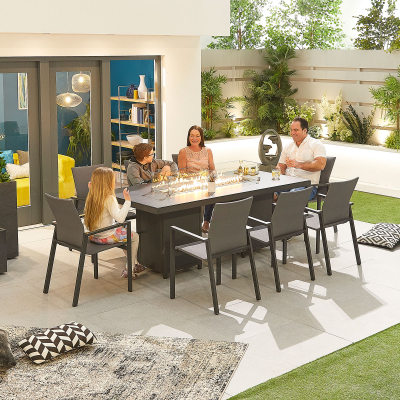 Roma 8 Seat Aluminium Dining Set - Rectangular Gas Fire Pit Table in Graphite Grey