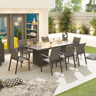 Roma 8 Seat Aluminium Dining Set - Rectangular Gas Fire Pit Table in Graphite Grey