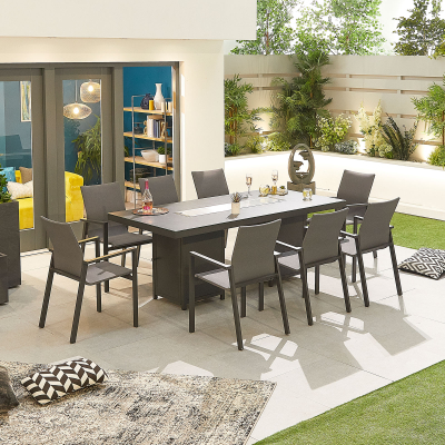 Roma 8 Seat Aluminium Dining Set - Rectangular Gas Fire Pit Table in Graphite Grey