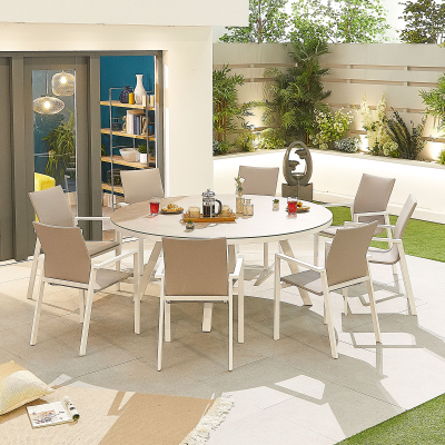 Roma 8 Seat Aluminium Dining Set - Round Table in Chalk White