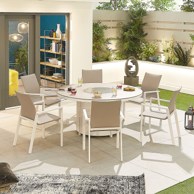 Roma 6 Seat Aluminium Dining Set - Round Gas Fire Pit Table in Chalk White