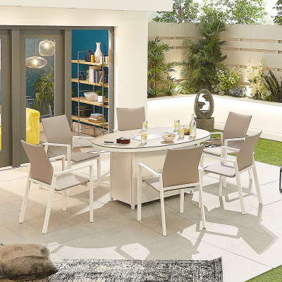 Roma 6 Seat Aluminium Dining Set - Oval Gas Fire Pit Table in Chalk White