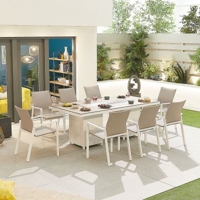 Roma 8 Seat Aluminium Dining Set - Rectangular Gas Fire Pit Table in Chalk White