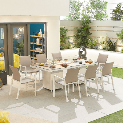 Roma 8 Seat Aluminium Dining Set - Rectangular Gas Fire Pit Table in Chalk White