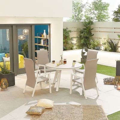 Venice 4 Seat Aluminium Dining Set - Round Table in Chalk White