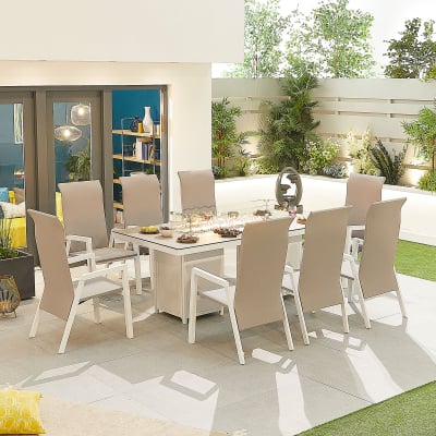 Venice 8 Seat Aluminium Dining Set - Rectangular Gas Fire Pit Table in Chalk White