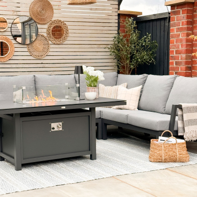 Vogue L-Shaped Corner Aluminium Lounge Dining Set - Gas Fire Pit Table in Graphite Grey