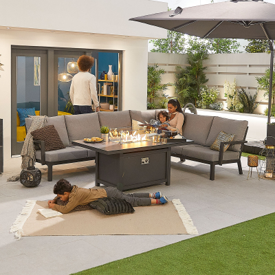 Vogue L-Shaped Corner Aluminium Lounge Dining Set - Gas Fire Pit Table in Graphite Grey