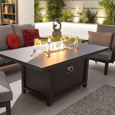 Vogue L-Shaped Corner Aluminium Lounge Dining Set with Armchair and Bench - Gas Fire Pit Table in Graphite Grey