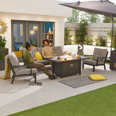 Vogue 3 Seater Aluminium Lounge Dining Set with 2 Armchairs - Gas Fire Pit Table in Graphite Grey